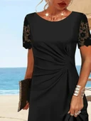 Kadın Kısa Kollu Yuvarlak Yaka Dantel Kol Detay Viskon Elbise thumbnail 3