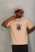 Unisex Oversize Baskılı Bisiklet Yaka T-Shirt - Bej thumbnail 3