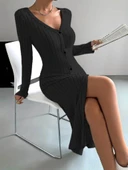 Kadın Uzun Kollu V Yakalı önden Düğmeli şardonlu Kaşkorse Elbise thumbnail 1