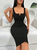 Kadın Askılı önü Düğmeli Midi Kaşkorse Elbise thumbnail 5