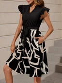 Kadın Kısa Kollu V Yakalı üst Janjan Krep Alt Desenli Süprem Mini Elbise thumbnail 2