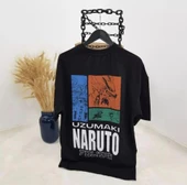 Unisex Bisiklet Yaka Baskılı Oversize T-Shirt - Siyah thumbnail 2