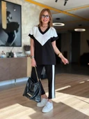 Kadın Kısa Kollu V Yaka Siyah Beyaz Renkli Viskon Iki Iplik Kumaş Eşofman Takımı thumbnail 5