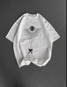 Unisex Bisiklet Yaka Baskılı Oversize T-Shirt - Beyaz thumbnail 3