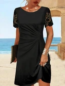 Kadın Kısa Kollu Yuvarlak Yaka Dantel Kol Detay Viskon Elbise thumbnail 1