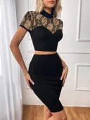 Kadın Kısa Kollu Yarı Balıkçı Yaka Dantelli Straplez Ithal Krep Crop Bluz Ve Etek Ikili Takım thumbnail 1