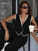 Kadın Kolsuz V Yakalı Düğmeli Ithal Krep Yelek Ve Pantolon Ikili Takım - 4