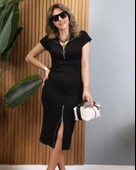 Kadın Kısa Kollu Yakadan Ve Eteği Fermuarlı Viskon Iki Iplik Midi Elbise thumbnail 1