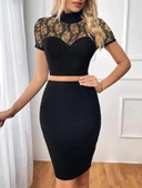 Kadın Kısa Kollu Yarı Balıkçı Yaka Dantelli Straplez Ithal Krep Crop Bluz Ve Etek Ikili Takım thumbnail 2