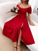 Kadın Kısa Kollu Kare Yakalı Yırtmaçlı Midi Janjan Krep Elbise thumbnail 1