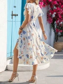 Kadın Kısa Kelebek Kollu Kruvaze Yakalı Belden Kuşaklı Midi Süprem Elbise thumbnail 2