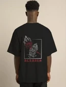 Unisex Bisiklet Yaka Oversize Baskılı T-Shirt - Siyah thumbnail 2