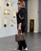 Kadın Kapüşonlu Leopar Detay Sweat Ve Yüksek Bel Yanları Leopar şeritli Bol Paça Pantolon Ikili Takım thumbnail 4