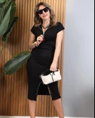 Kadın Kısa Kollu Yakadan Ve Eteği Fermuarlı Viskon Iki Iplik Midi Elbise thumbnail 2