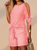 Kadın Kısa Kollu Bisiklet Yaka Yarı Açık Omuz Inci Detaylı Short T-shirt Viskon Ikili Takım thumbnail 3