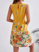 Kadın Sıfır Kollu Bisiklet Yaka çiçek Desenli Süprem Mini Elbise thumbnail 5