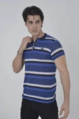 Erkek Yakalı Slim Fit Dokuma Çizgili T-Shirt - Mavi thumbnail 2