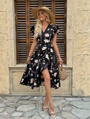 Kadın Kısa Kelebek Kollu Kruvaze Yakalı Belden Kuşaklı Midi Süprem Elbise thumbnail 4