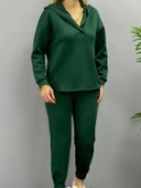 Kadın Uzun Kol V Yaka Kapüşon Detay Sweat Ve Yüksel Bel Eşofman Ikili Takım thumbnail 2