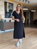 Kadın Kısa Kollu V Ribana Yakalı Yırtmaçlı Midi Viskon Iki Iplik Elbise thumbnail 3