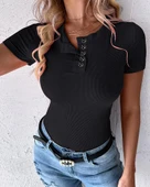 Kadın Kısa Kollu Yuvarlak Yakalı Düğme Detay Kaşkorse Bluz thumbnail 3