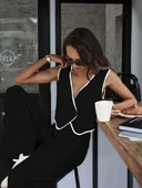 Kadın Kolsuz V Yakalı Düğmeli Ithal Krep Yelek Ve Pantolon Ikili Takım - 5