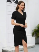 Kadın Kısa Kollu V Yakalı önden Fırfırlı Ithal Krep Elbise thumbnail 3