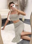 Kadın Kolsuz Askılı Crop Yırtmaçlı Midi Etek Fitilli Kaşkorse Takım thumbnail 1