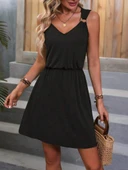 Kadın Askılı V Yaka Belden Büzgülü Aksesuar Detaylı Viskon Elbise thumbnail 7