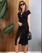 Kadın Kısa Kollu Yakadan Ve Eteği Fermuarlı Viskon Iki Iplik Midi Elbise thumbnail 4