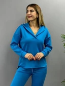 Kadın Uzun Kol V Yaka Kapüşon Detay Sweat Ve Yüksel Bel Eşofman Ikili Takım thumbnail 8