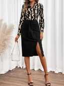 Kadın Uzun Kollu V Hakim Yakalı Desenli Dalgıç Bluz Ve önden Büzgülü Krep Ikili Takım thumbnail 3