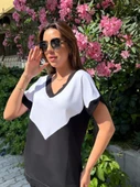 Kadın Kısa Kollu V Yaka Siyah Beyaz Renkli Viskon Iki Iplik Kumaş Eşofman Takımı thumbnail 4