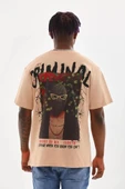 Unisex Baskılı Oversize T-Shirt - Bej thumbnail 2