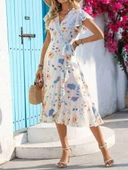 Kadın Kısa Kelebek Kollu Kruvaze Yakalı Belden Kuşaklı Midi Süprem Elbise thumbnail 3