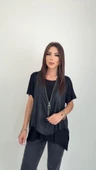 Kadın Kısa Kollu Yuvarlak Yaka Viskon Bluz + Kolsuz Fermuarlı çatlak Deri Yelek - 3