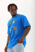 Unisex Oversize Baskılı Bisiklet Yaka T-Shirt - Mavi thumbnail 2