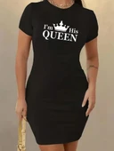 Kadın Kısa Kollu Queen Baskı Iki Iplik Mini Elbise thumbnail 11