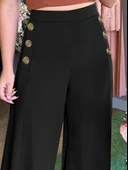 Kadın Yüksek Bel Yan Düğme Detaylı Geniş Paçalı Ithal Krep Pantolon thumbnail 2