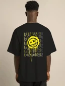 Unisex Bisiklet Yaka Baskılı Oversize T-Shirt - Siyah thumbnail 4