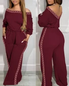 Kadın Uzun Kollu Omuzlardan Açık Beli Lastikli Cepli şerit Desenli Viskon Iki Iplik Tulum thumbnail 2