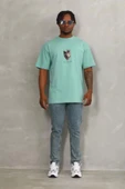 Unisex Oversize Baskılı Bisiklet Yaka T-Shirt - Mint Yeşili thumbnail 4