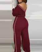 Kadın Uzun Kollu Omuzlardan Açık Beli Lastikli Cepli şerit Desenli Viskon Iki Iplik Tulum thumbnail 3