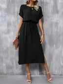 Kadın Kısa Kollu Yakası Açık Belden Bağlamalı Yırtmaçlı Viskon Elbise thumbnail 1