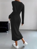 Kadın Uzun Kollu V Yakalı önden Düğmeli şardonlu Kaşkorse Elbise thumbnail 3