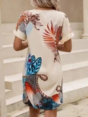 Kadın Kısa Kollu V Yakalı Desenli Mini Atlas Elbise thumbnail 5