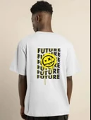 Unisex Bisiklet Yaka Baskılı Oversize T-Shirt - Beyaz thumbnail 3