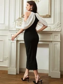 Kadın Daire Yakalı Omuzlardan Kollara Yayılan Kanat Detaylı çift Renkli Uzun Ithal Krep Elbise thumbnail 5