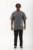 Unisex Oversize Baskılı Bisiklet Yaka T-Shirt - Füme - 4