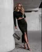 Kadın Uzun Kollu Bisiklet Yaka Kısa Krop Dalgıç Bluz Ile önden Yırtmaçlı Uzun Etek Ikili Takım thumbnail 3